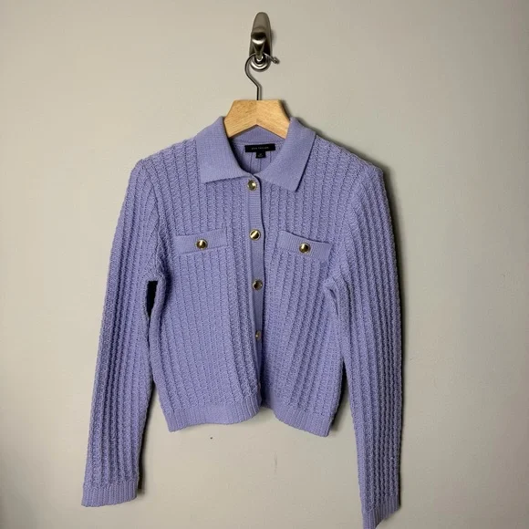 Ann Taylor Purple Sweater Cardigan Jacket Lavender Gold Buttons Medium Petite *B - Picture 4 of 11